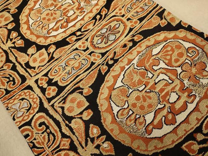 平和屋着物◎全通柄袋帯 幾何学花文 黒地 金糸 正絹 逸品 AAAZ8642dt
