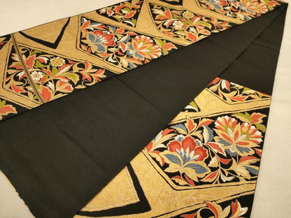 平和屋着物◎六通柄袋帯 唐織 更紗花文 黒地 金糸 正絹 逸品 AAAZ8644dt