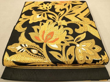 平和屋着物◎六通柄袋帯 唐織 更紗花文 黒地 金糸 正絹 逸品 AAAZ8651dt