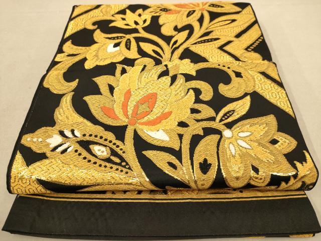 平和屋着物◎六通柄袋帯 唐織 更紗花文 黒地 金糸 正絹 逸品 AAAZ8651dt