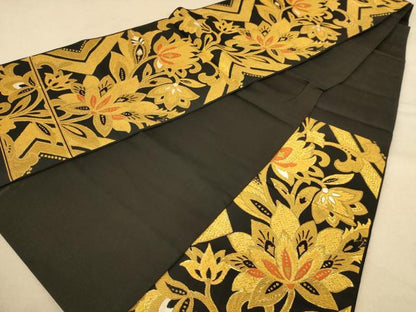 平和屋着物◎六通柄袋帯 唐織 更紗花文 黒地 金糸 正絹 逸品 AAAZ8651dt