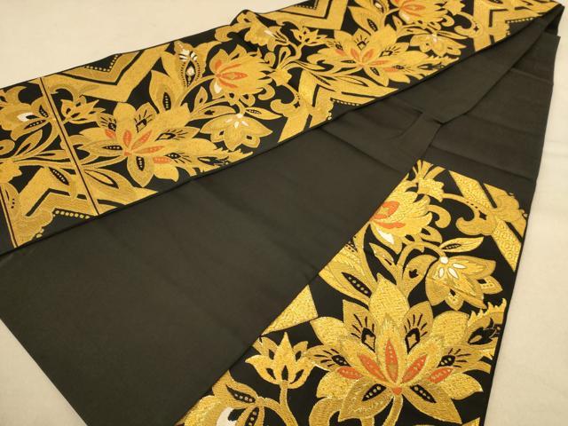 平和屋着物◎六通柄袋帯 唐織 更紗花文 黒地 金糸 正絹 逸品 AAAZ8651dt