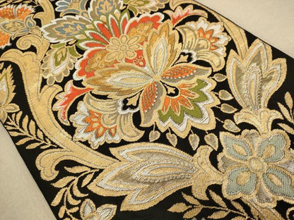 平和屋着物◎六通柄袋帯 更紗花文 黒地 金糸 正絹 逸品 AAAZ8655dt