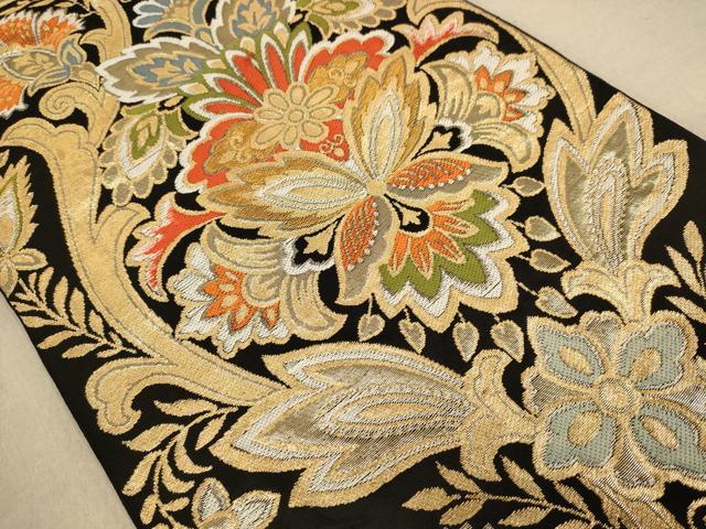 平和屋着物◎六通柄袋帯 更紗花文 黒地 金糸 正絹 逸品 AAAZ8655dt