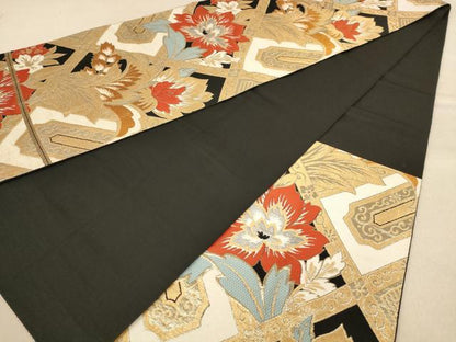 平和屋着物◎六通柄袋帯 更紗花文 黒地 金糸 正絹 逸品 AAAZ8658dt