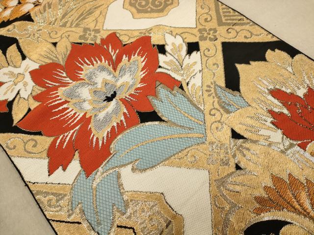 平和屋着物◎六通柄袋帯 更紗花文 黒地 金糸 正絹 逸品 AAAZ8658dt
