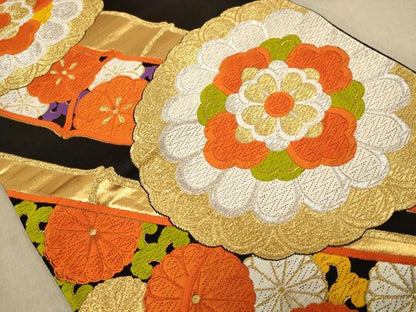 平和屋着物◎六通柄袋帯　唐織　竹と花　黒地　金銀糸　正絹　逸品　AAAZ8669dt