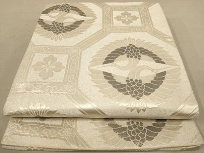 平和屋着物◎六通柄袋帯 双鶴花文 プラチナつづれ 正絹 逸品 AAAZ8670dt