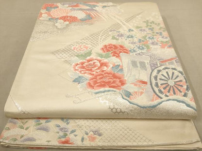 平和屋着物◎六通柄袋帯 唐織 雉に御所車文 銀糸 正絹 逸品 AAAZ8672dt