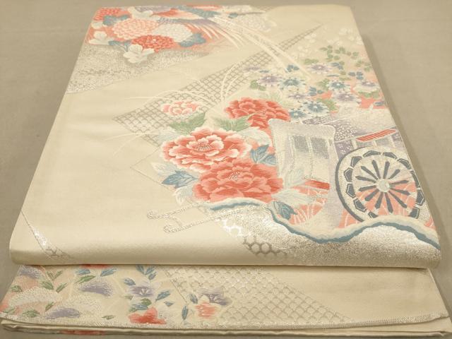 平和屋着物◎六通柄袋帯 唐織 雉に御所車文 銀糸 正絹 逸品 AAAZ8672dt