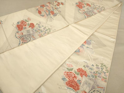平和屋着物◎六通柄袋帯 唐織 雉に御所車文 銀糸 正絹 逸品 AAAZ8672dt