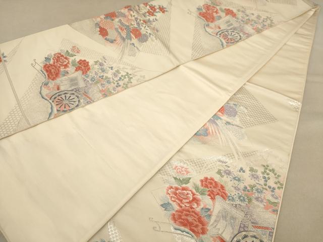 平和屋着物◎六通柄袋帯 唐織 雉に御所車文 銀糸 正絹 逸品 AAAZ8672dt