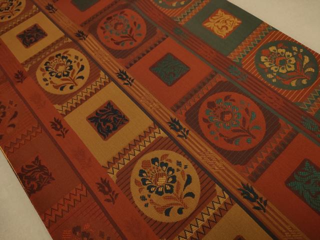 平和屋着物◎全通柄袋帯　市松花文　正絹　逸品　AAAZ8702dt