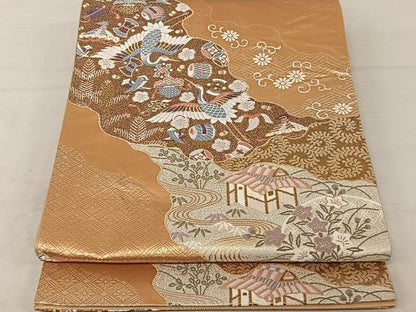平和屋着物◎六通柄袋帯　唐織　風景文　宝尽くし　鶴　金糸　正絹　逸品　AAAZ8817mw