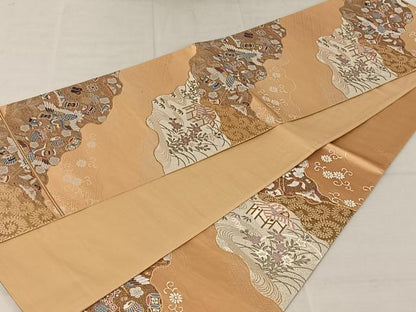 平和屋着物◎六通柄袋帯　唐織　風景文　宝尽くし　鶴　金糸　正絹　逸品　AAAZ8817mw