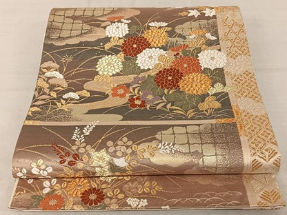 平和屋着物◎六通柄袋帯　唐織　流水花文　金糸　正絹　逸品　AAAZ8825mw
