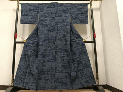 平和屋着物●結城紬 100亀甲 エ霞草花文 正絹 逸品 AAAZ8887ph