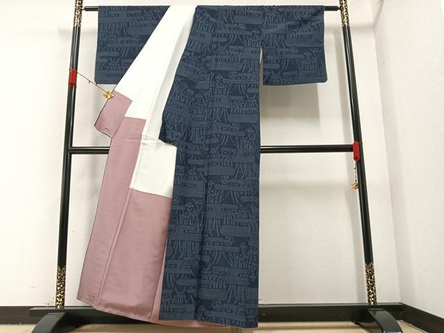 平和屋着物●結城紬 100亀甲 エ霞草花文 正絹 逸品 AAAZ8887ph