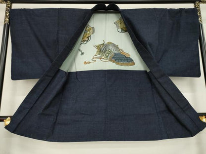 平和屋着物●男性　結城紬　アンサンブル　杢　色無地　藍鉄色　反端付き　正絹　逸品　AAAZ8945ck