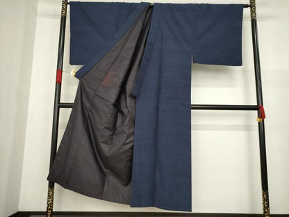 平和屋着物●男性　結城紬　杢　藍鉄色　証紙付き　正絹　逸品　AAAZ8948ck