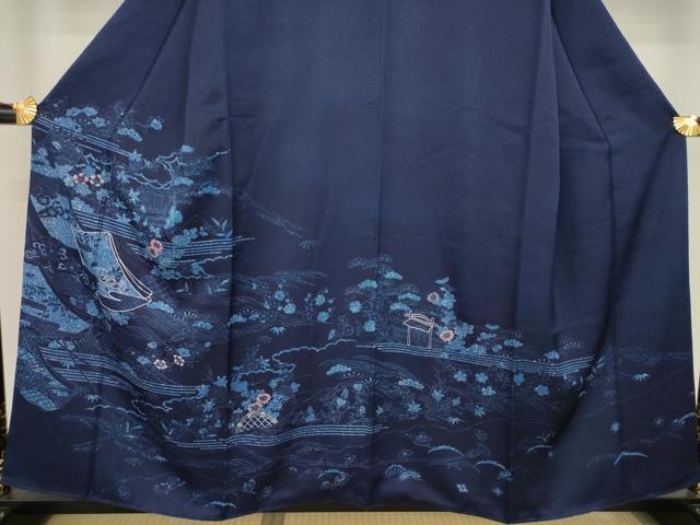 平和屋着物●藍造り国選定無形文化財　藍師・佐藤昭人　色留訪問着　駒刺繍　誰が袖風景花文　鴛鴦　認定書付き　正絹　逸品　AAAZ8955ck
