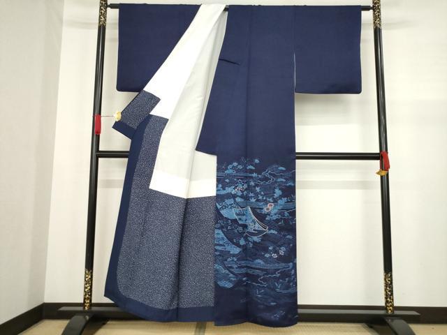 平和屋着物●藍造り国選定無形文化財　藍師・佐藤昭人　色留訪問着　駒刺繍　誰が袖風景花文　鴛鴦　認定書付き　正絹　逸品　AAAZ8955ck