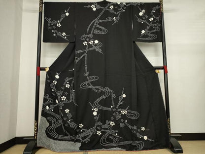 平和屋着物●訪問着　絞り　流水枝梅文　黒地　ロング丈　正絹　逸品　未使用　AAAZ8958ck