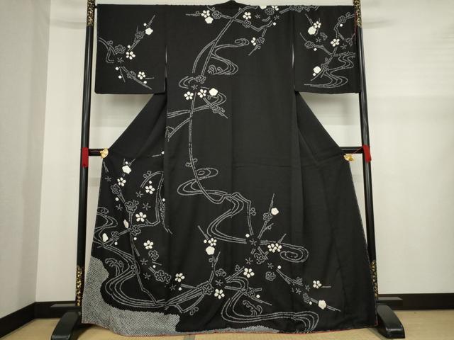 平和屋着物●訪問着　絞り　流水枝梅文　黒地　ロング丈　正絹　逸品　未使用　AAAZ8958ck
