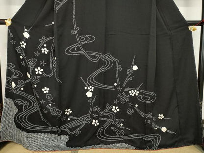 平和屋着物●訪問着　絞り　流水枝梅文　黒地　ロング丈　正絹　逸品　未使用　AAAZ8958ck