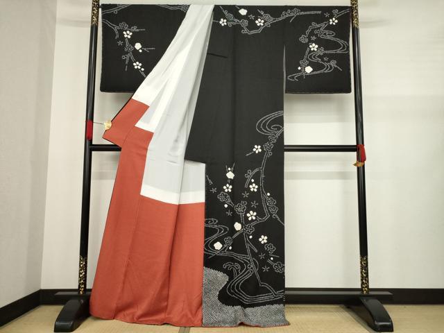平和屋着物●訪問着　絞り　流水枝梅文　黒地　ロング丈　正絹　逸品　未使用　AAAZ8958ck