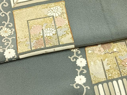 平和屋着物▽訪問着 単衣 駒刺繍 色紙草花文 金彩 正絹 逸品 AAAZ9002fy