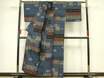 平和屋着物▽上質な紬 単衣 横段文 正絹 逸品 未使用 AAAZ9007fy