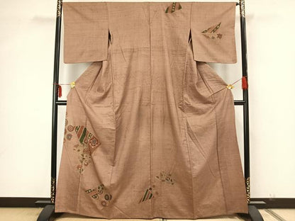 平和屋着物▽訪問着 単衣 生紬地 刺繍 切嵌花文 正絹 逸品 AAAZ9011fy