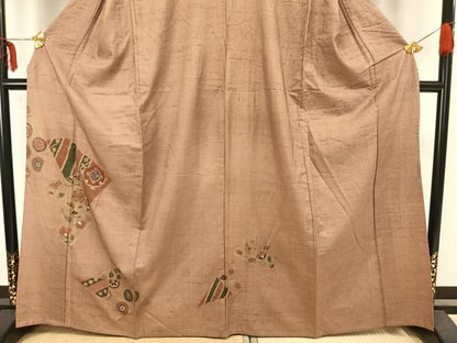 平和屋着物▽訪問着 単衣 生紬地 刺繍 切嵌花文 正絹 逸品 AAAZ9011fy