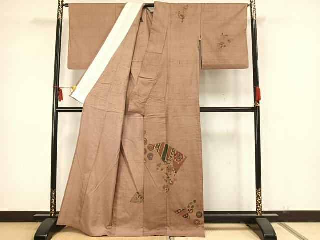 平和屋着物▽訪問着 単衣 生紬地 刺繍 切嵌花文 正絹 逸品 AAAZ9011fy