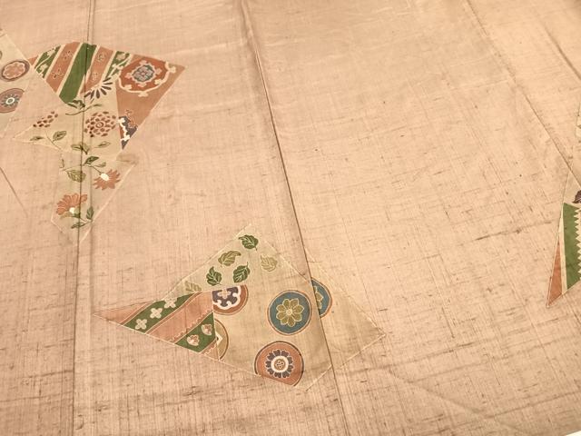 平和屋着物▽訪問着 単衣 生紬地 刺繍 切嵌花文 正絹 逸品 AAAZ9011fy