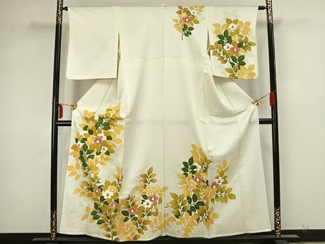 平和屋着物▽訪問着　単衣　駒刺繍　草花文　銀彩　正絹　逸品　AAAZ9013fy