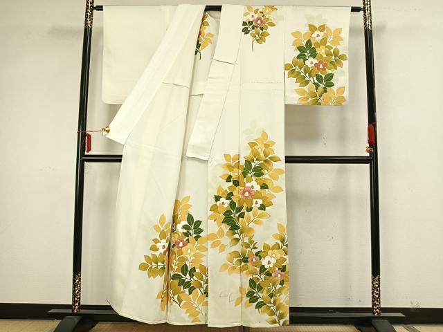 平和屋着物▽訪問着　単衣　駒刺繍　草花文　銀彩　正絹　逸品　AAAZ9013fy