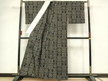平和屋着物▽上質な紬 単衣 市松花文 正絹 逸品 AAAZ9017fy