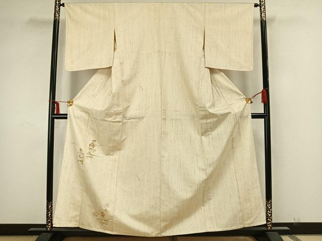 平和屋着物▽訪問着 単衣 紬地 総刺繍 草花文 正絹 逸品 未使用 AAAZ9020fy