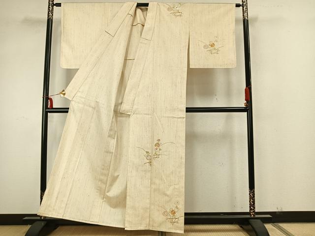 平和屋着物▽訪問着 単衣 紬地 総刺繍 草花文 正絹 逸品 未使用 AAAZ9020fy