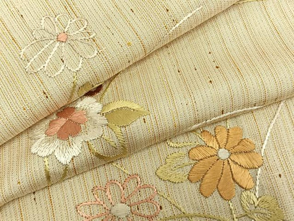 平和屋着物▽訪問着 単衣 紬地 総刺繍 草花文 正絹 逸品 未使用 AAAZ9020fy