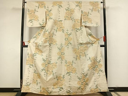 平和屋着物▽上質な紬 単衣 草花文 正絹 逸品 AAAZ9021fy