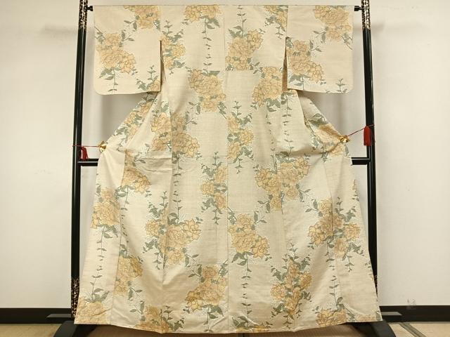 平和屋着物▽上質な紬 単衣 草花文 正絹 逸品 AAAZ9021fy