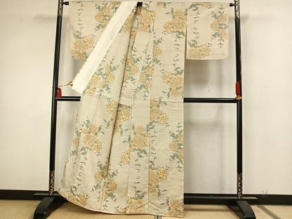 平和屋着物▽上質な紬 単衣 草花文 正絹 逸品 AAAZ9021fy
