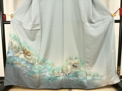 平和屋着物▽訪問着 単衣 作家物 螺鈿 手描き 京名所銀閣寺 暈し染め 金銀彩 正絹 逸品 AAAZ9024fy
