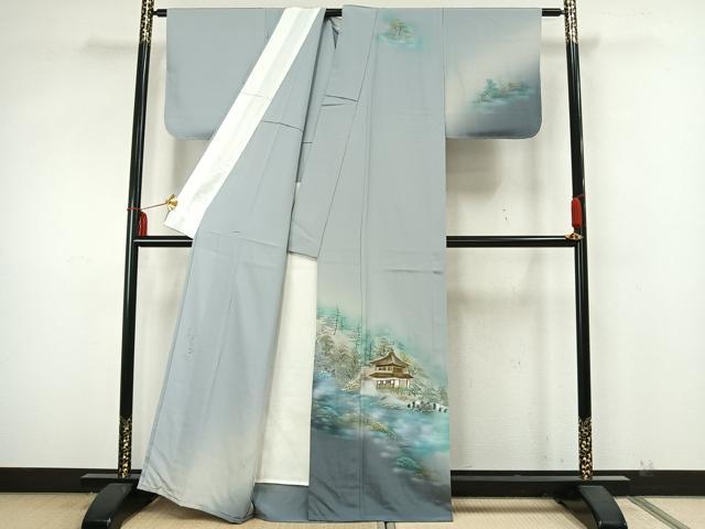 平和屋着物▽訪問着 単衣 作家物 螺鈿 手描き 京名所銀閣寺 暈し染め 金銀彩 正絹 逸品 AAAZ9024fy