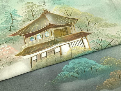 平和屋着物▽訪問着 単衣 作家物 螺鈿 手描き 京名所銀閣寺 暈し染め 金銀彩 正絹 逸品 AAAZ9024fy