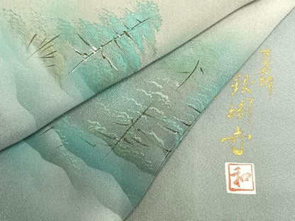 平和屋着物▽訪問着 単衣 作家物 螺鈿 手描き 京名所銀閣寺 暈し染め 金銀彩 正絹 逸品 AAAZ9024fy