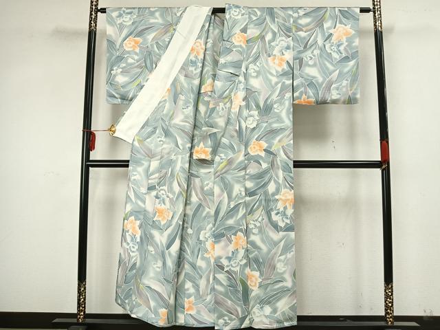平和屋着物▽上質な小紋 単衣 草花文 暈し染め 正絹 逸品 AAAZ9025fy